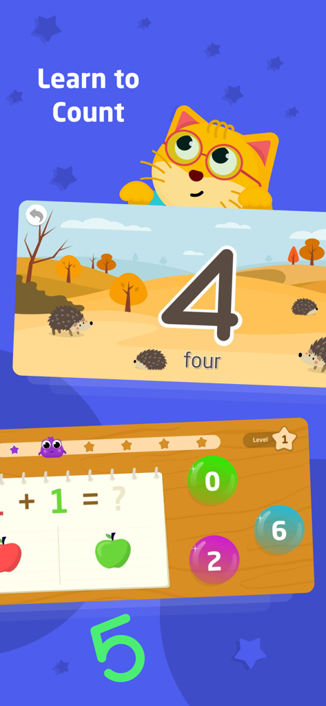 English for Kids: Play & Learn - A colorful educational app screen showing a counting activity with hedgehogs and a basic addition game with apples for kids