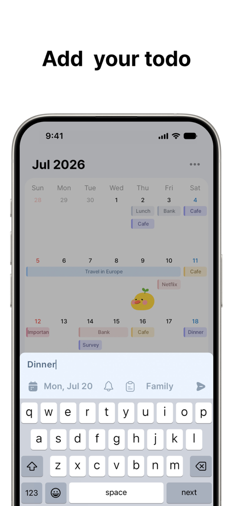 Planit - To-Do List & Calendar - A screenshot of the Planit app interface showing a calendar view and the keyboard open to add a new task titled Dinner.
