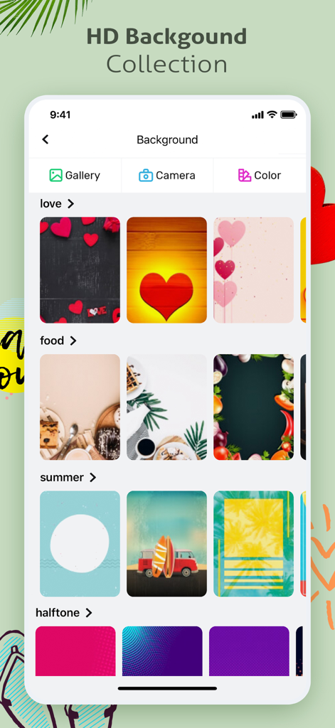 Poster Maker, Flyer Maker - Interface of the Poster Maker app showing a collection of high definition background templates for various categories like love and summer