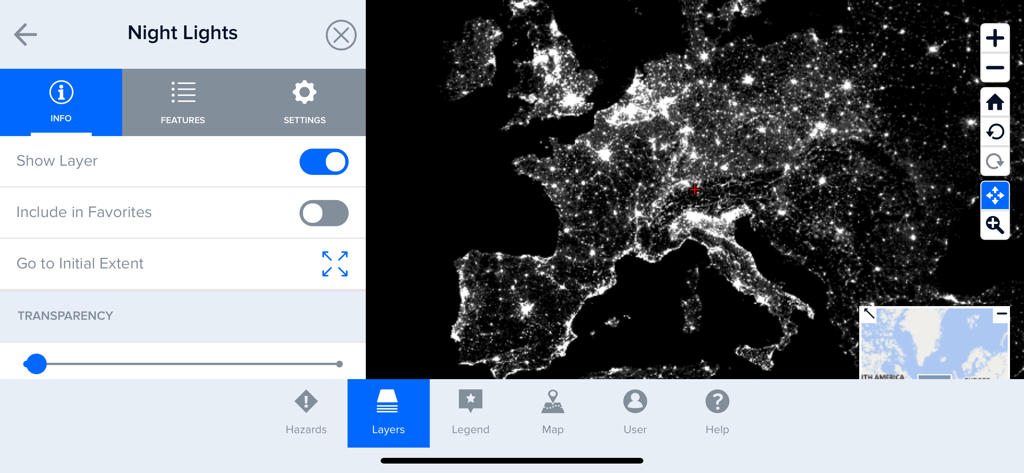Disaster Alert (PDC Global) - Night lights map layer over Europe in the Disaster Alert mobile app