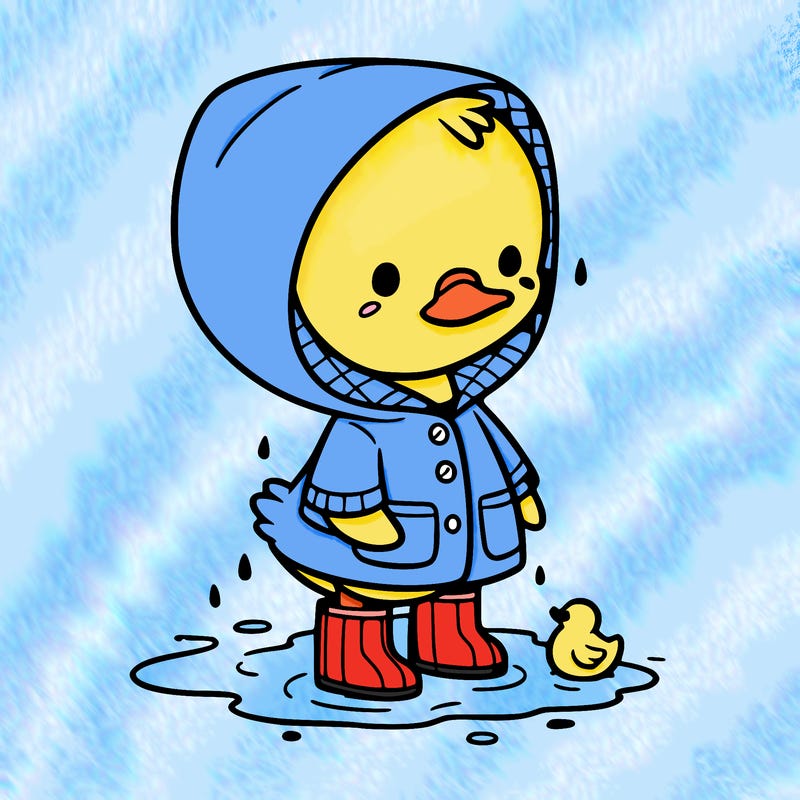 baby duck in a rain coat and boots, in a puddle while it’s raining