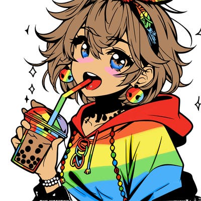 hot baddie anime girl drinking boba and biting the straw