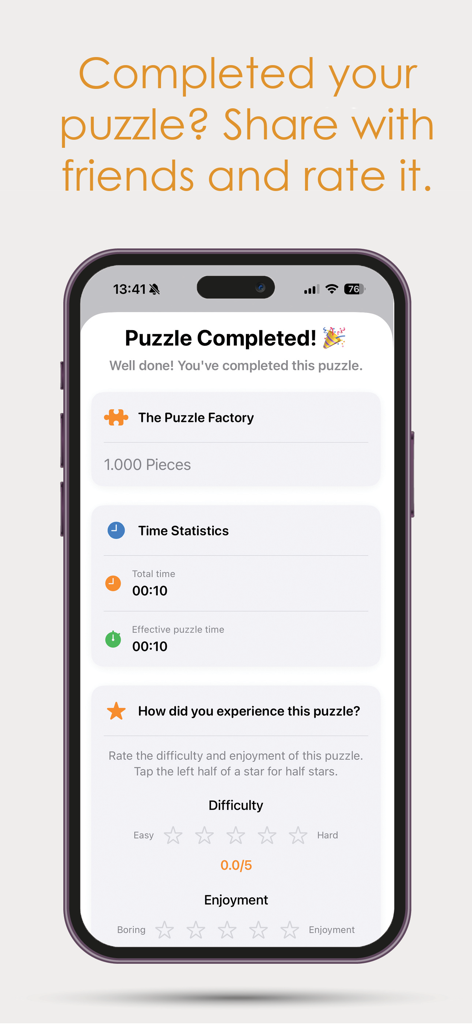 Jvh Puzzle - パズル時間統計と評価オプションを表示する、Jvh Puzzleアプリの完了概要。