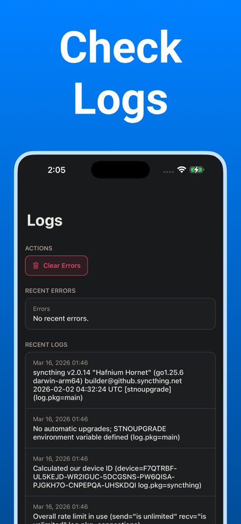 Syncthing Monitor - A screenshot of the Syncthing Monitor app displaying system logs and error monitoring features