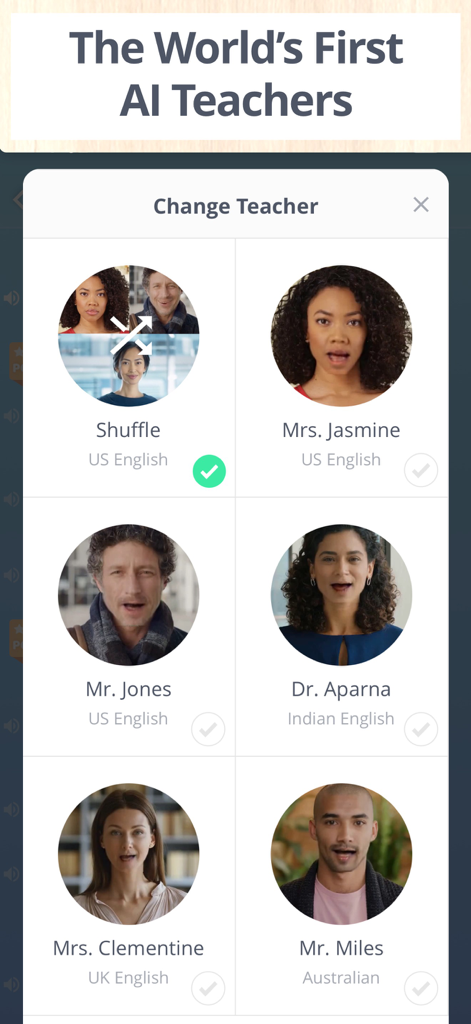 Spelling Ace 4th Grade - A menu in the Spelling Ace app showing a variety of AI teachers with different names and accents for student selection.