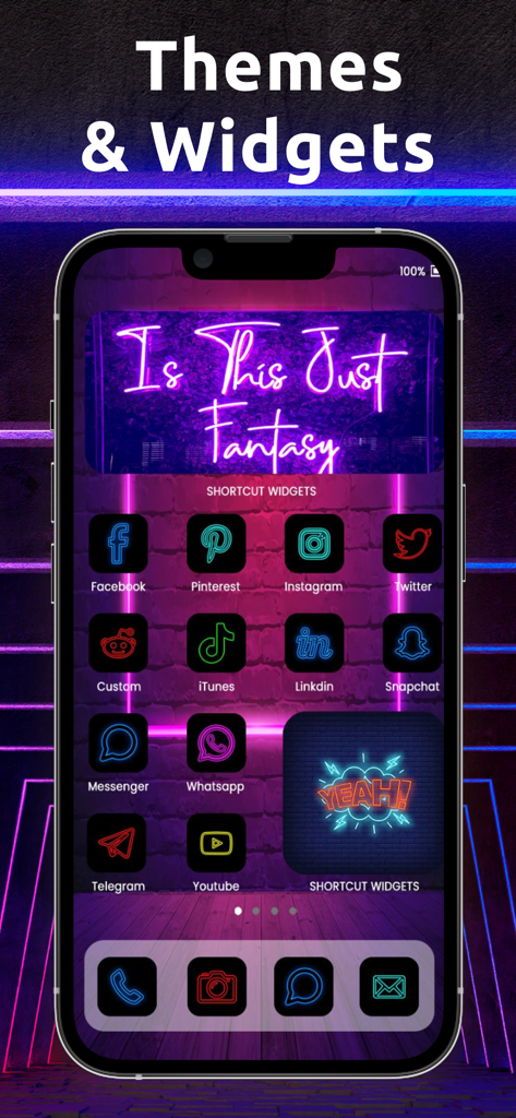 Shortcut Widgets: Custom Theme - Pantalla de inicio de iPhone con un tema estético de color rosa neón y azul con iconos de aplicaciones personalizados y widgets de acceso directo.