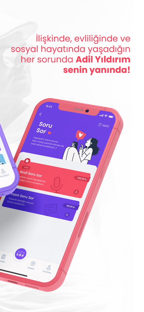 Mobile screen of Adil e Sor app showing options to ask relationship coach Adil Yildirim voice or written questions