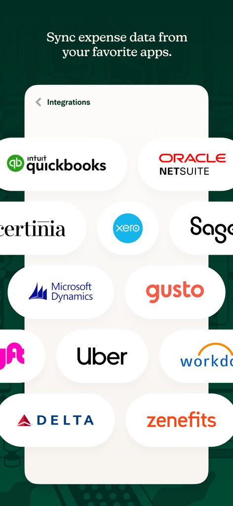 Expensifyアプリの画面で、出費データの同期のためにQuickBooks NetSuite Uber、Gustoとのソフトウェア統合を表示