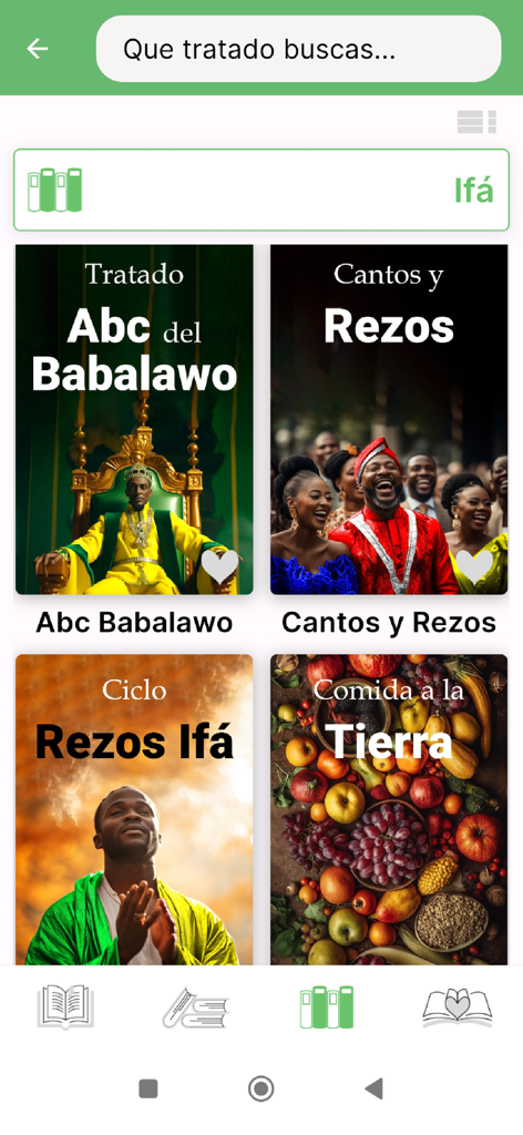 Interface da biblioteca do aplicativo Tratados Ifá Òrìshà exibindo capas de livros religiosos e uma barra de pesquisa.