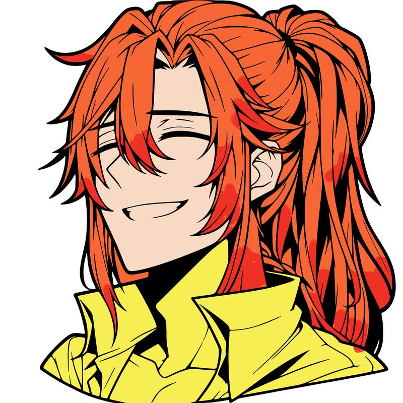 realistic hot anime boy with a grin and long hair in a pony tail