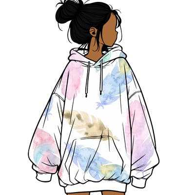realistic girl with a oversized sweatshirt on and a bun
