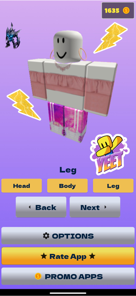 Skins Maker Roblox - Un personaggio avatar Roblox personalizzato che indossa un top rosa e leggings galattici nell'app Skins Maker
