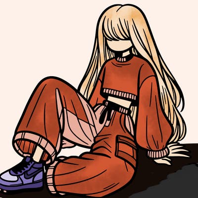 a girl with baggy pants and a crop top with long hair