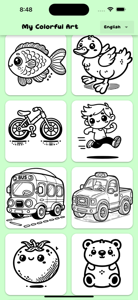 My Colorful Art - A selection of cute black and white drawings including a fish duck bicycle and bus ready for coloring in the app