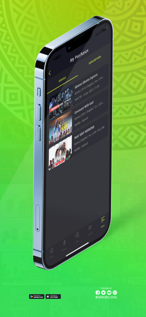 9TV - Capture d'écran de l'écran Mes achats de l'application 9TV montrant les films Nollywood loués sur un iPhone.