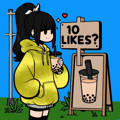 girl with oversized hoodie drinking boba and she has a high ponytail with a sign that says 10likes?