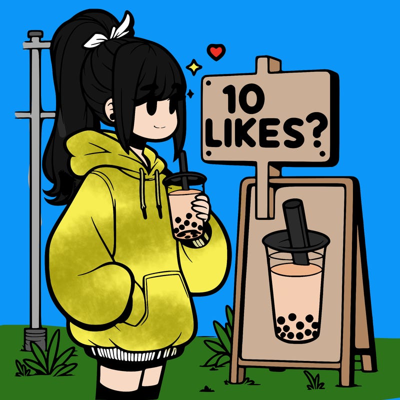 girl with oversized hoodie drinking boba and she has a high ponytail with a sign that says 10likes?
