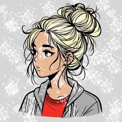 realistic teenage girl with a messy bun