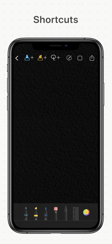 Blankbook app interface showing tool shortcuts and drawing instruments on a dark textured paper canvas.