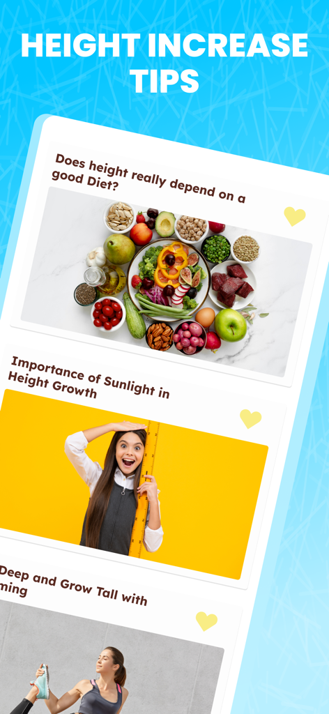 Seção de dicas de aumento de altura com artigos sobre dieta, luz solar e alongamento