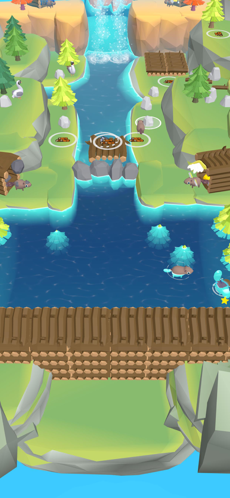 Un castor construyendo una gran presa de troncos en un río dentro de un colorido entorno 3D low poly.