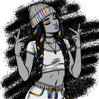 realistic teenage girl with braids and a beanie and crop top doing 🫶🏼