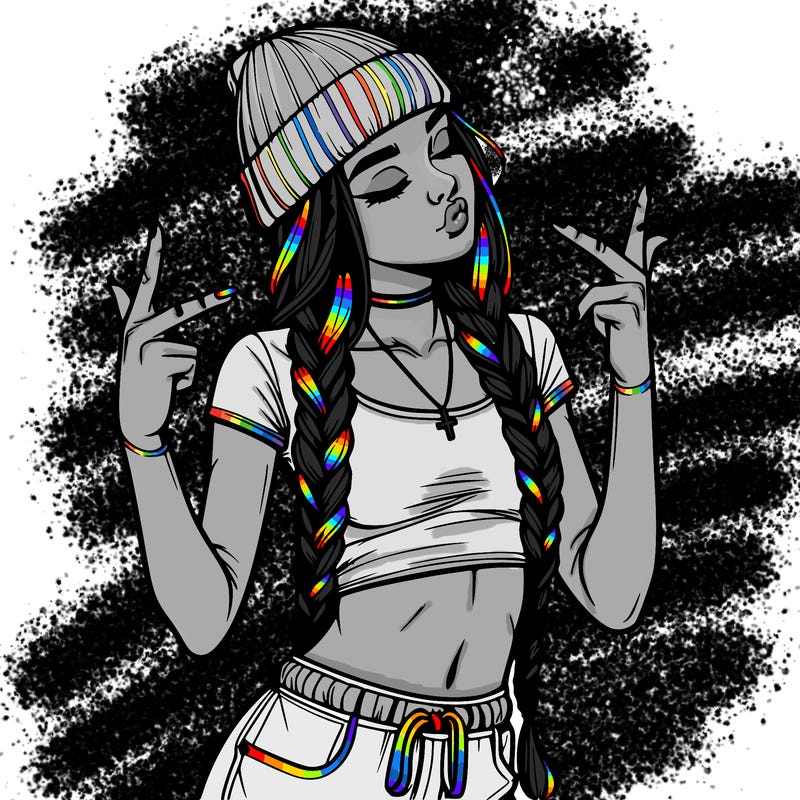 realistic teenage girl with braids and a beanie and crop top doing 🫶🏼