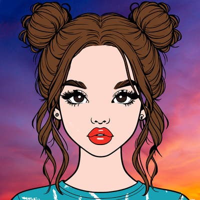 realistic girl with two buns in hair and lips