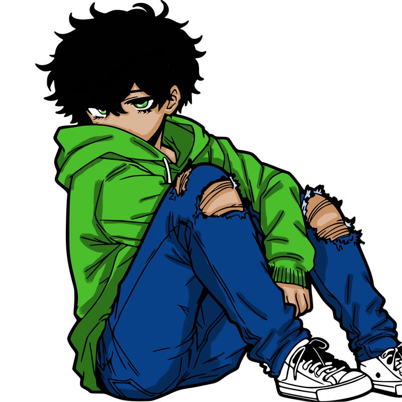 a male hoddie ripped jeans messy hair anime