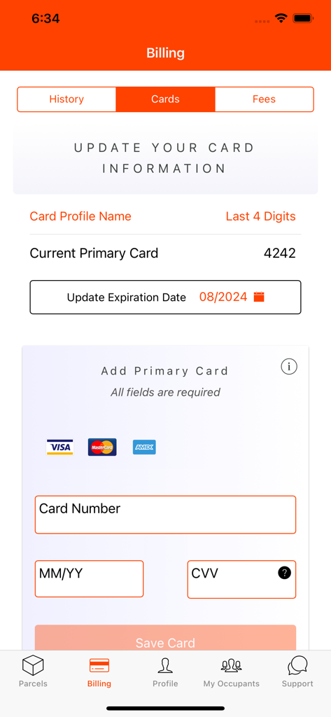Parcel Pending Mobile - Parcel Pendingモバイルアプリの請求画面。プライマリ支払いカードの更新または追加オプションが表示されます。