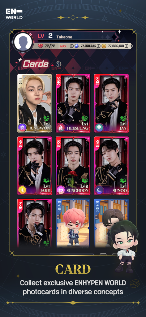 ENHYPEN WORLD : ETERNAL MOMENT - Digital card collection screen in ENHYPEN WORLD showing various member photocards and rarities
