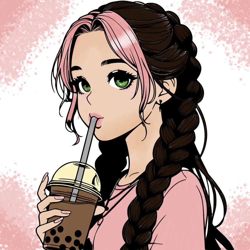realistic girl with braided hair drinking boba