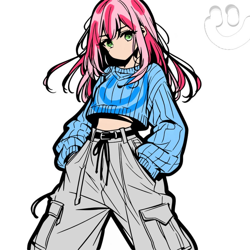 anime teen girl with baggy pants and crop top with sweater