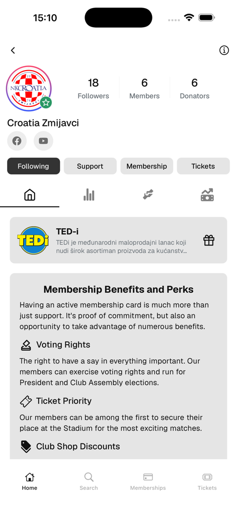 Sportify - Sportify app club profile screen for Croatia Zmijavci showing membership benefits and fan statistics