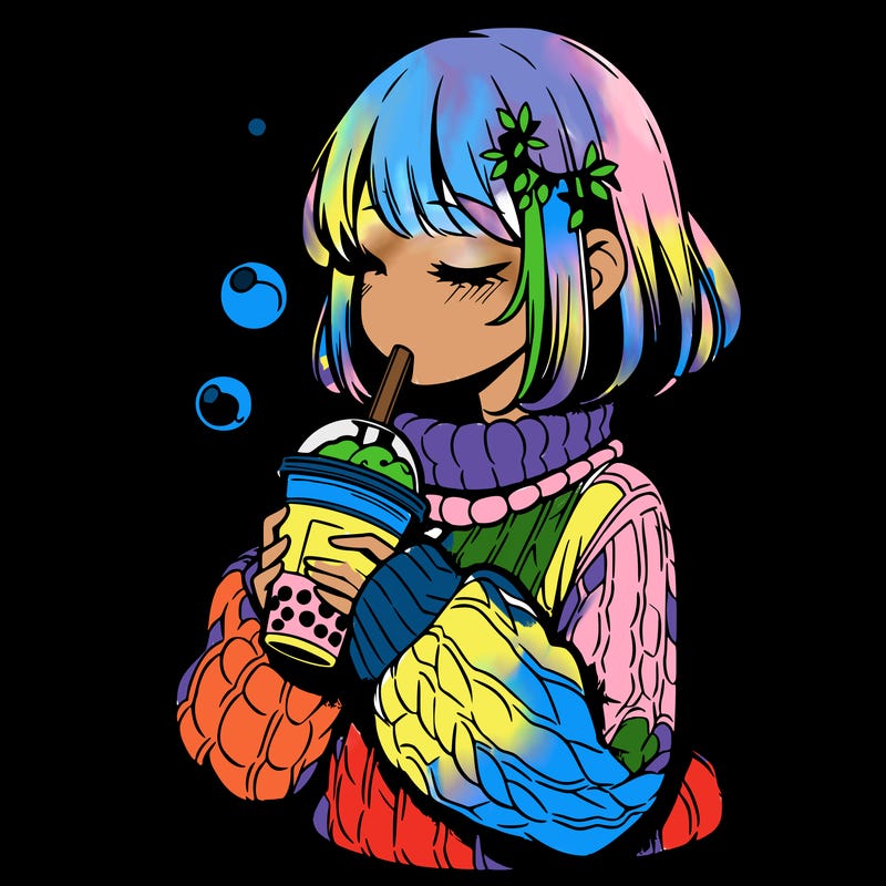 manga girl drinking boba in cozy sweater