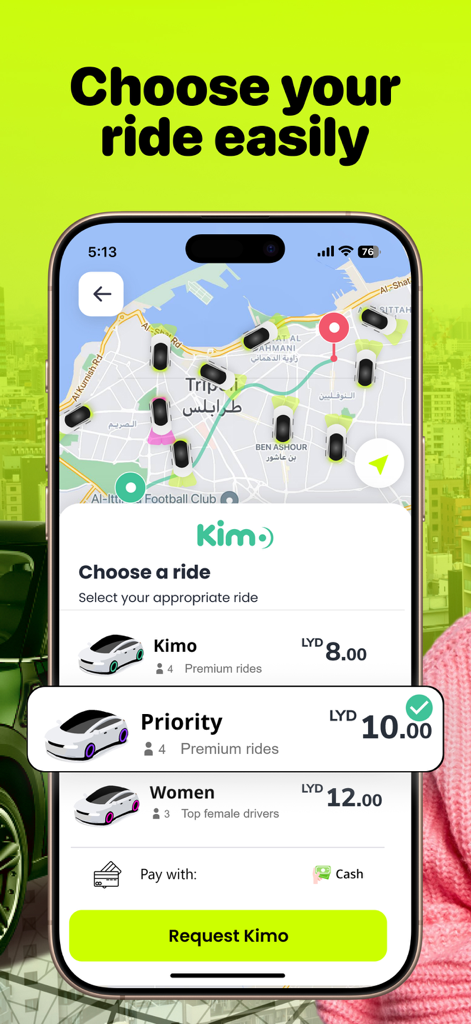 Kimo taxi app screen showing car categories and prices in Tripoli Libya