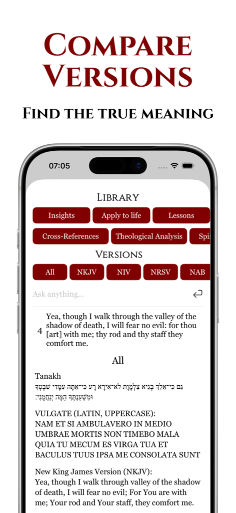 Biblearn+™ KJV: AI Bible Study - Comparison of Bible versions including Tanakh, Vulgate, and NKJV in the Biblearn app