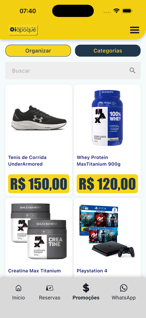 Shopping Oiapoque - Pantalla de promociones de la aplicación Shopping Oiapoque con descuentos en zapatillas deportivas, suplementos y productos electrónicos.