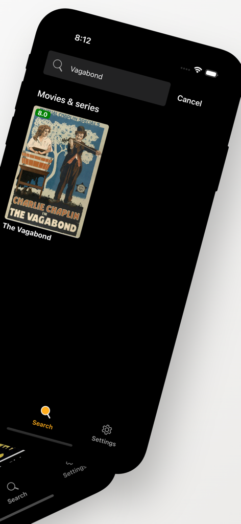 RubyPlay - RubyPlay app search screen showing movie results for Charlie Chaplin's The Vagabond