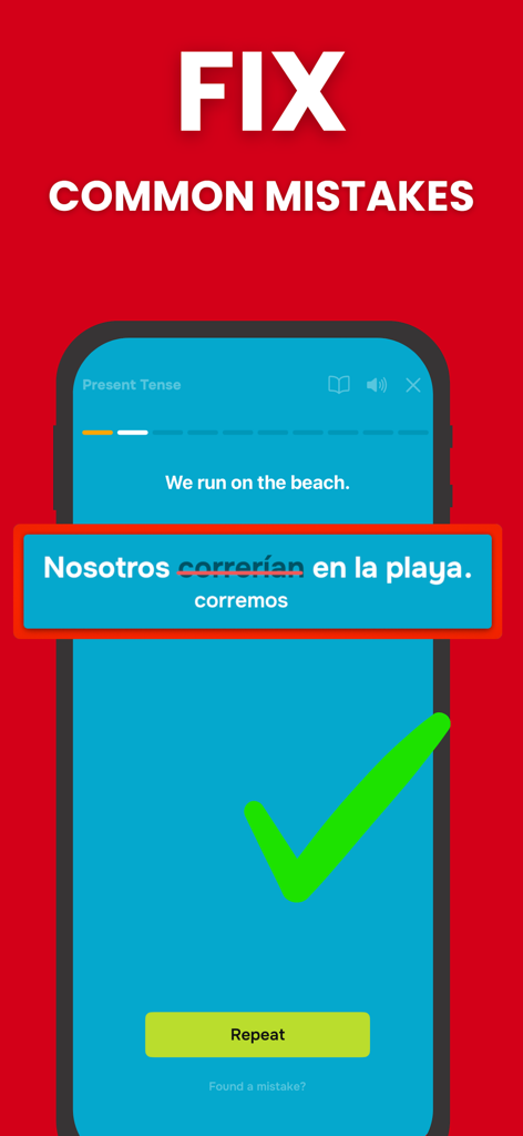 Screenshot of the Espanido app showing a grammar exercise to fix common Spanish mistakes with verb conjugations.