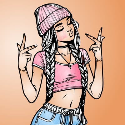 realistic teenage girl with braids and a beanie and crop top doing 🫶🏼