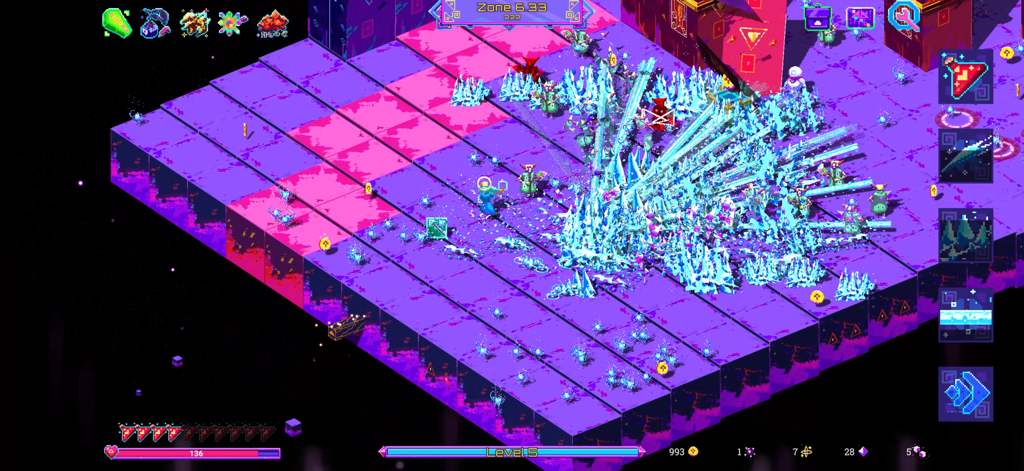 Neon Spellstorm - Un personaje mago lanzando un masivo hechizo de hielo cristalino en el mundo de neón isométrico de Neon Spellstorm.