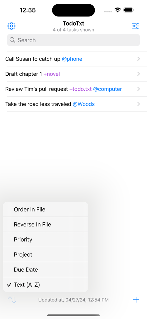 TodoTxt++ - Task list screen in TodoTxt showing sorting options and plain text task tags