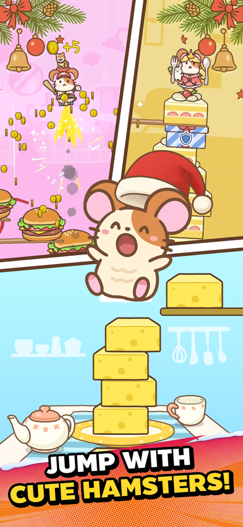 Hamster Jump: Cake Tower! - Um hamster fofo usando um chapéu de Papai Noel pulando em uma pilha de blocos de queijo em um jogo colorido para celular.