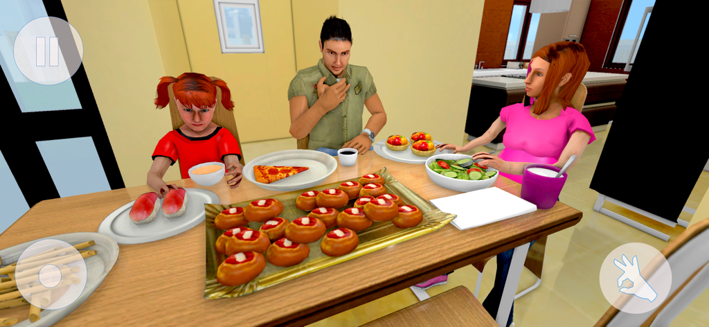 Pregnant Mom Mother Simulator - Una madre embarazada, su esposo y su hija sentados a una mesa con varios alimentos en un juego de simulación de vida