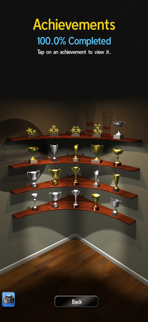 My Bowling 3D - 3D trophy room showing 100 percent achievement completion in My Bowling 3D