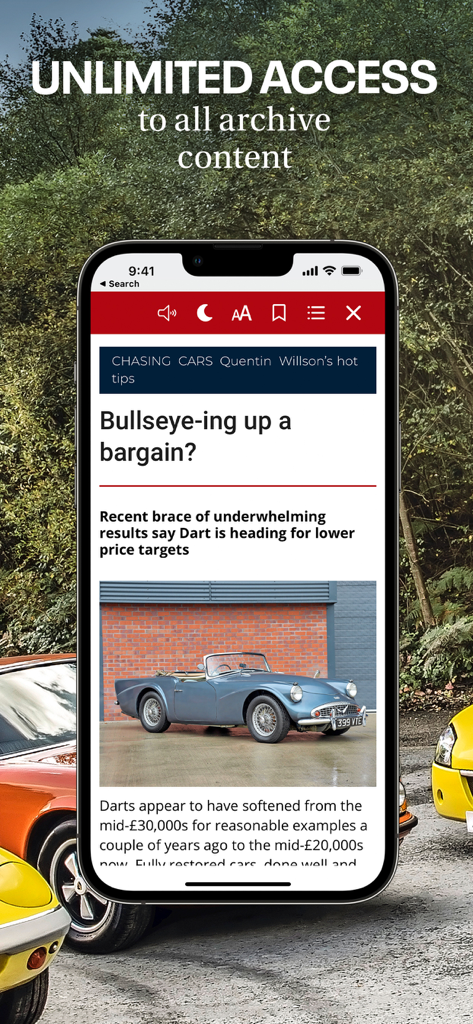 Classic Cars: Driving history - Smartphone displaying a digital article about classic car buying tips with an archive access headline