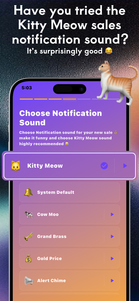 Lemon Squeezy Manager - Interfaz de la aplicación Lemon Squeezy Manager mostrando una lista de sonidos de notificación personalizados para nuevas ventas, incluyendo Kitty Meow y Cow Moo