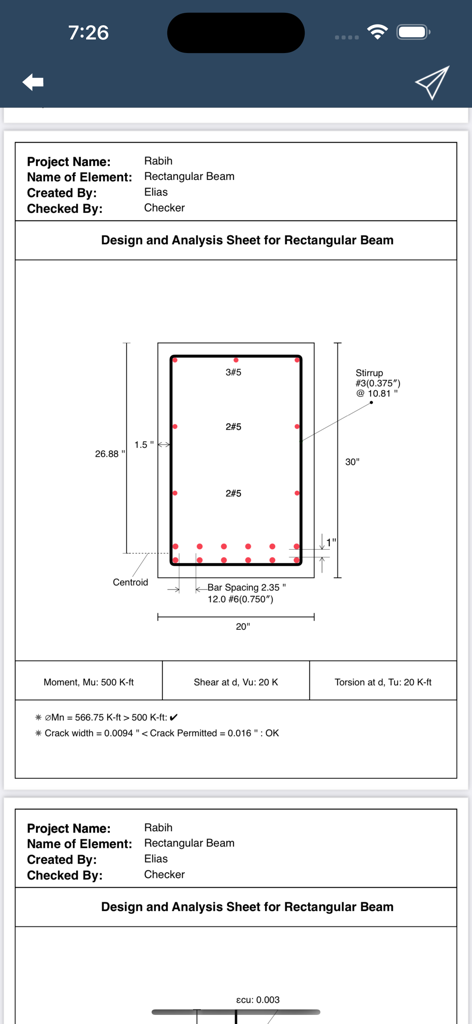 Hoja de diseño y análisis de ingeniería para una viga rectangular de hormigón que muestra un diagrama de sección de refuerzo y resultados de cálculos estructurales.