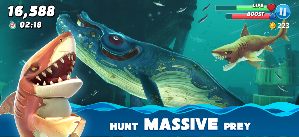 Screenshot del gameplay di uno squalo che caccia un'enorme balena in Hungry Shark World